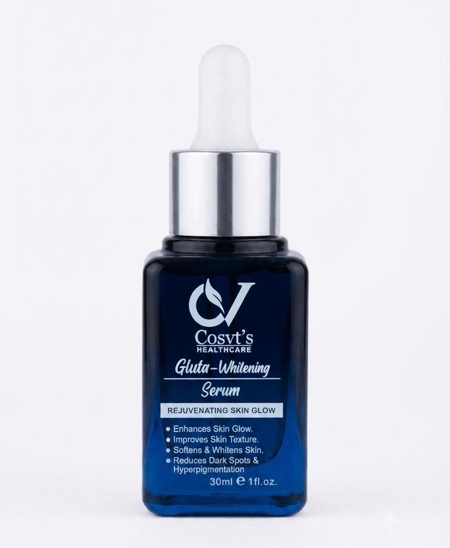 Cosvt's Skincare Gluta-Whitening Serum in a 30ml dark blue glass dropper bottle with a silver cap, on a white background.