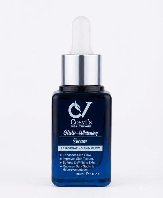 Cosvt's Skincare Gluta-Whitening Serum in a 30ml dark blue glass dropper bottle with a silver cap, on a white background.